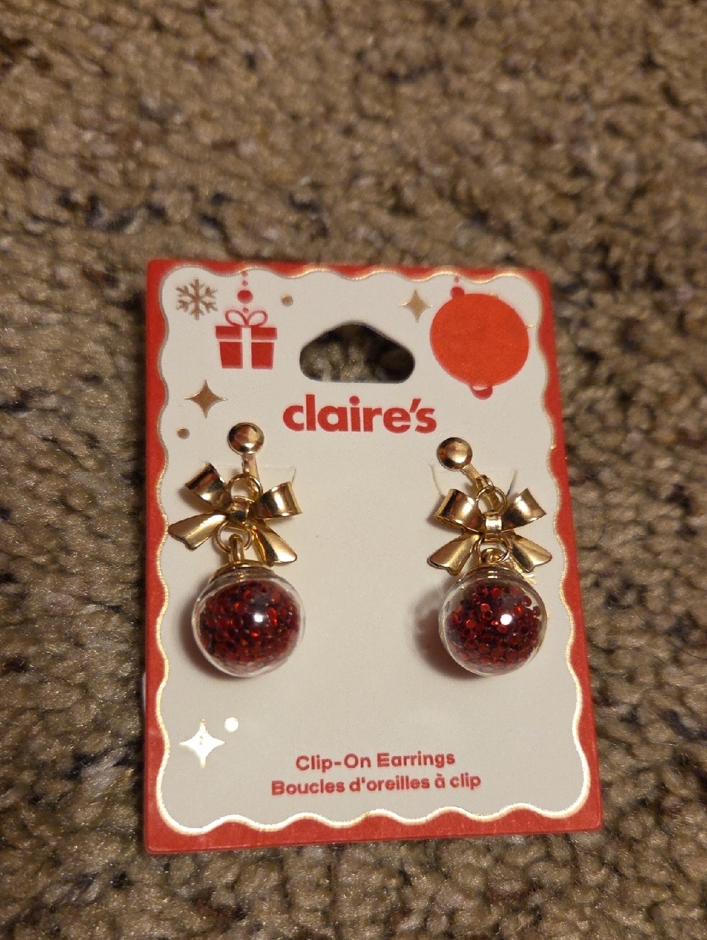 Claire's Gold Bow Clip-On Earrings with Red Glitter Spheres